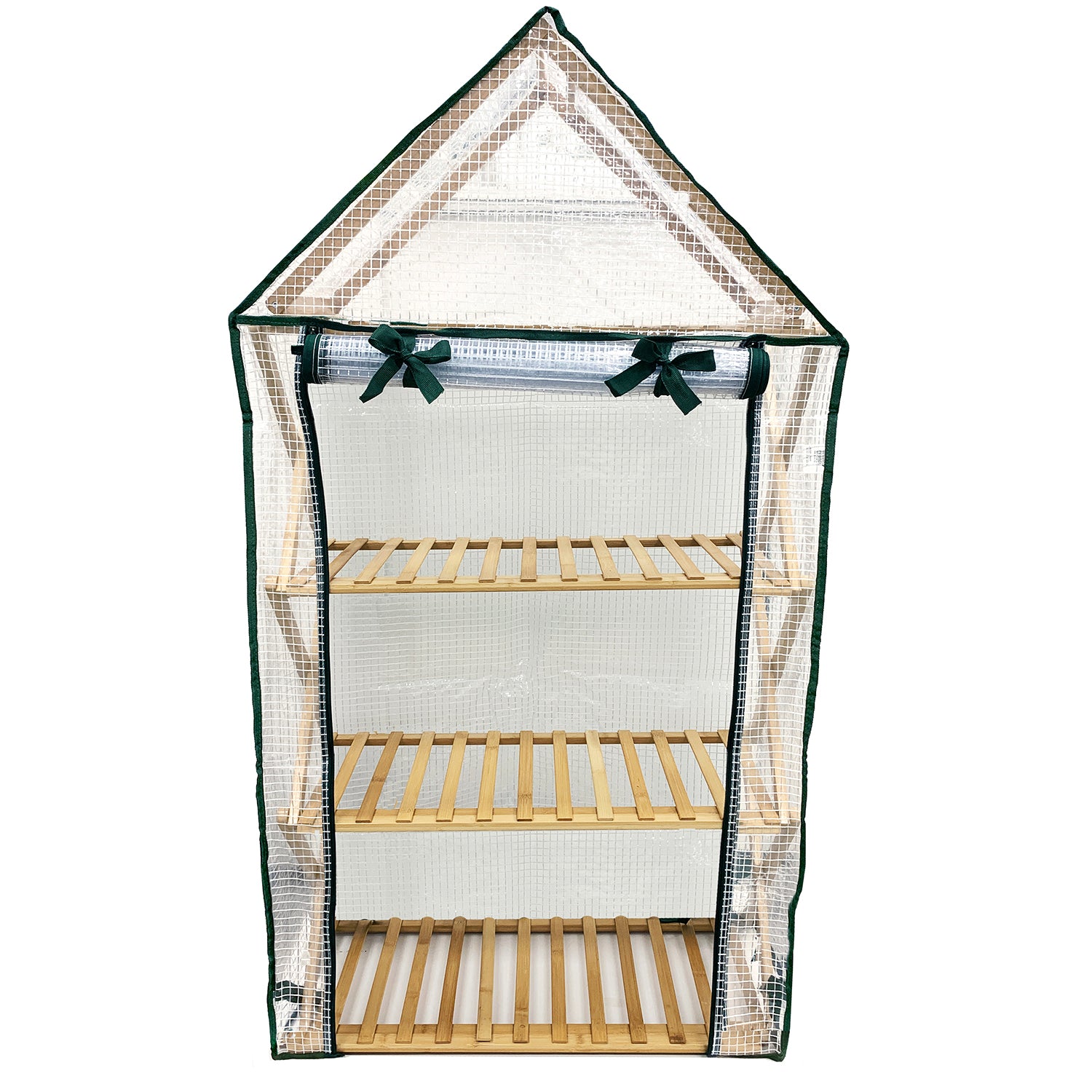 A mult-tier indoor plant stand with a bamboo structure and a clear plastic greenhouse cover.